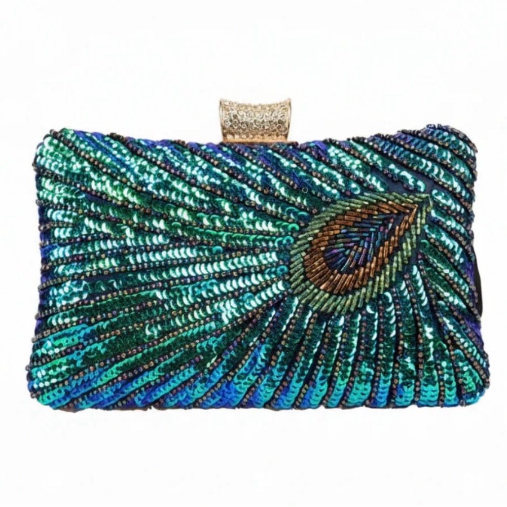 Embellished Peacock Sequin Evening Clutch - Green